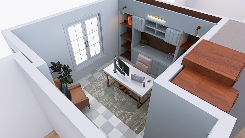 3D digital render of a classy home office featuring warm wood and powder blue tones